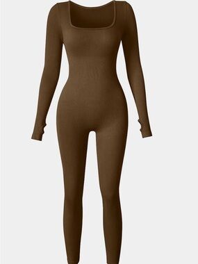 OQQ Ribbed Long-Sleeve Jumpsuit in Chocolate Brown